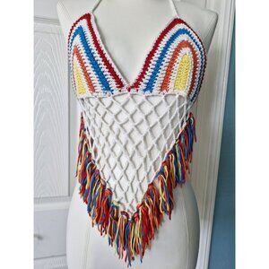 Rehab Lab Crochet Knit Halter Bikini Top Lined Rainbow Color Boho Style Sz M